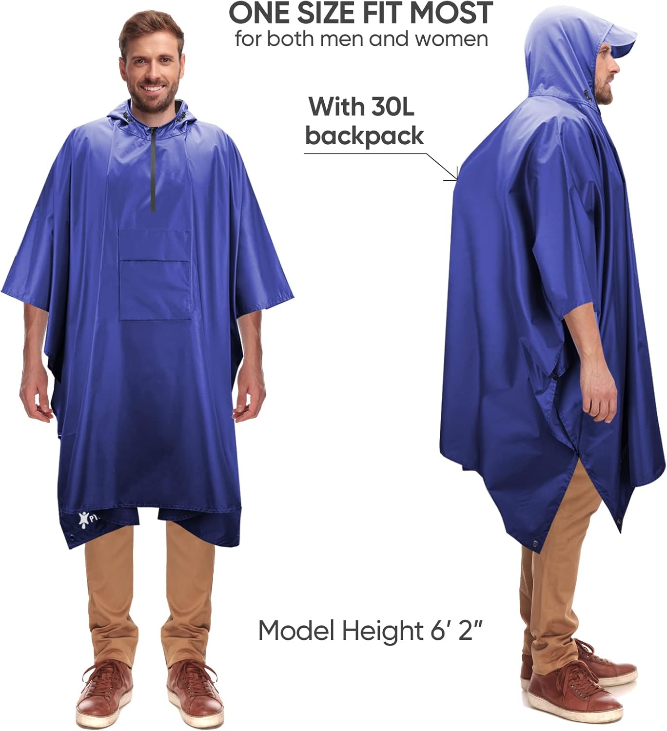 PTEROMY Hooded Rain Poncho for Adult with Pocket, Waterproof Lightweight Unisex Raincoat for Hiking Camping Emergency