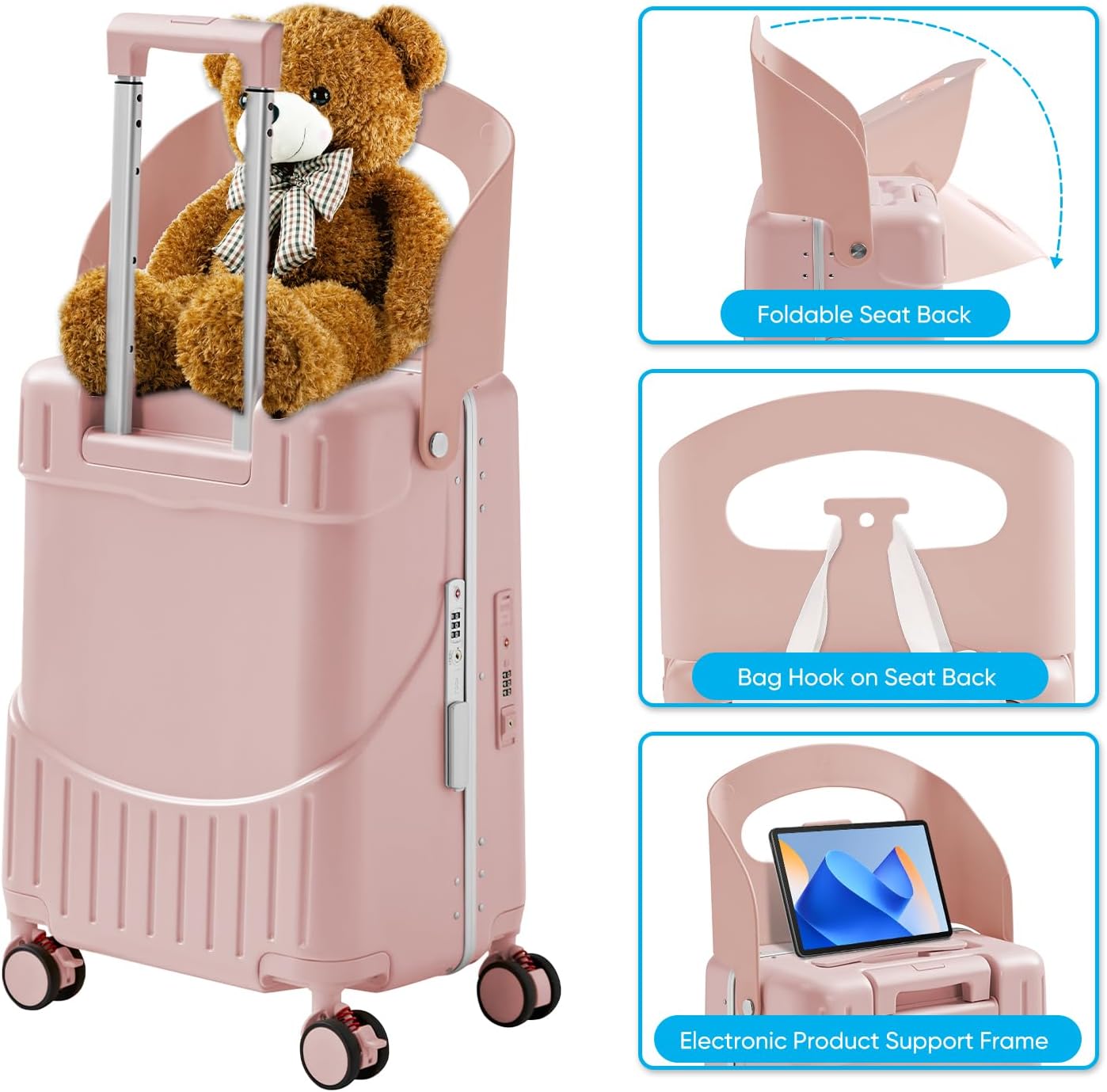 20 Inch Ride on Luggage With Seat For Kids&Adults,with Front Pocket, Foldable Seat Back TSA Approved Lock, 360° Spinner Wheels(20 inch,Pink)