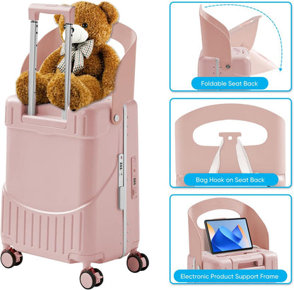 20 Inch Ride on Luggage With Seat For Kids&Adults,with Front Pocket, Foldable Seat Back TSA Approved Lock, 360° Spinner Wheels(20 inch,Pink)