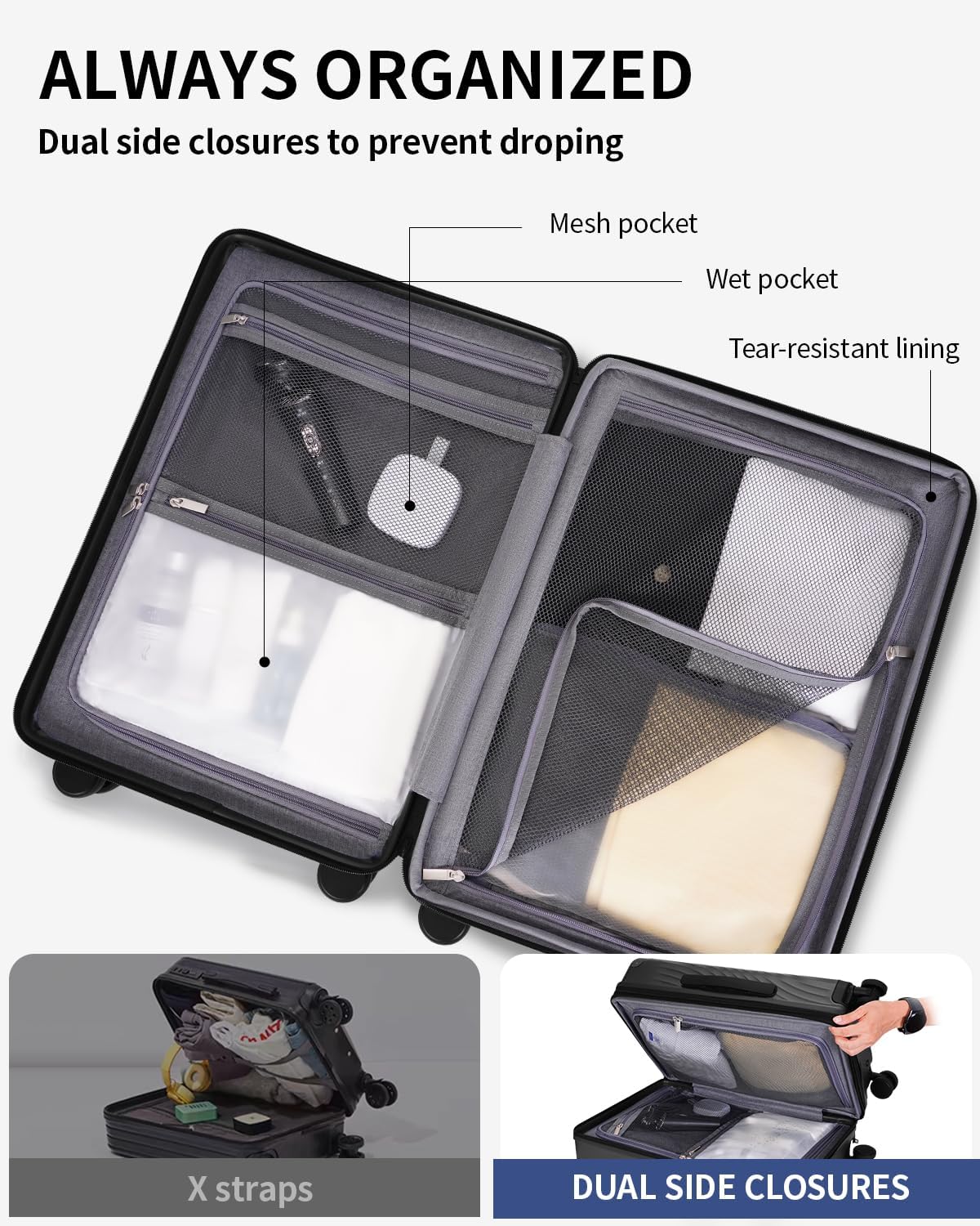 ECOHUB Hardside Expandable Carry On Luggage, Recycled PC 24" Rolling Luggage 26x16x11 Airline Approved with Spinner Wheels & TSA Lock, Lightweight Hardshell Travel Suitcase, 24inch Carry-on Black