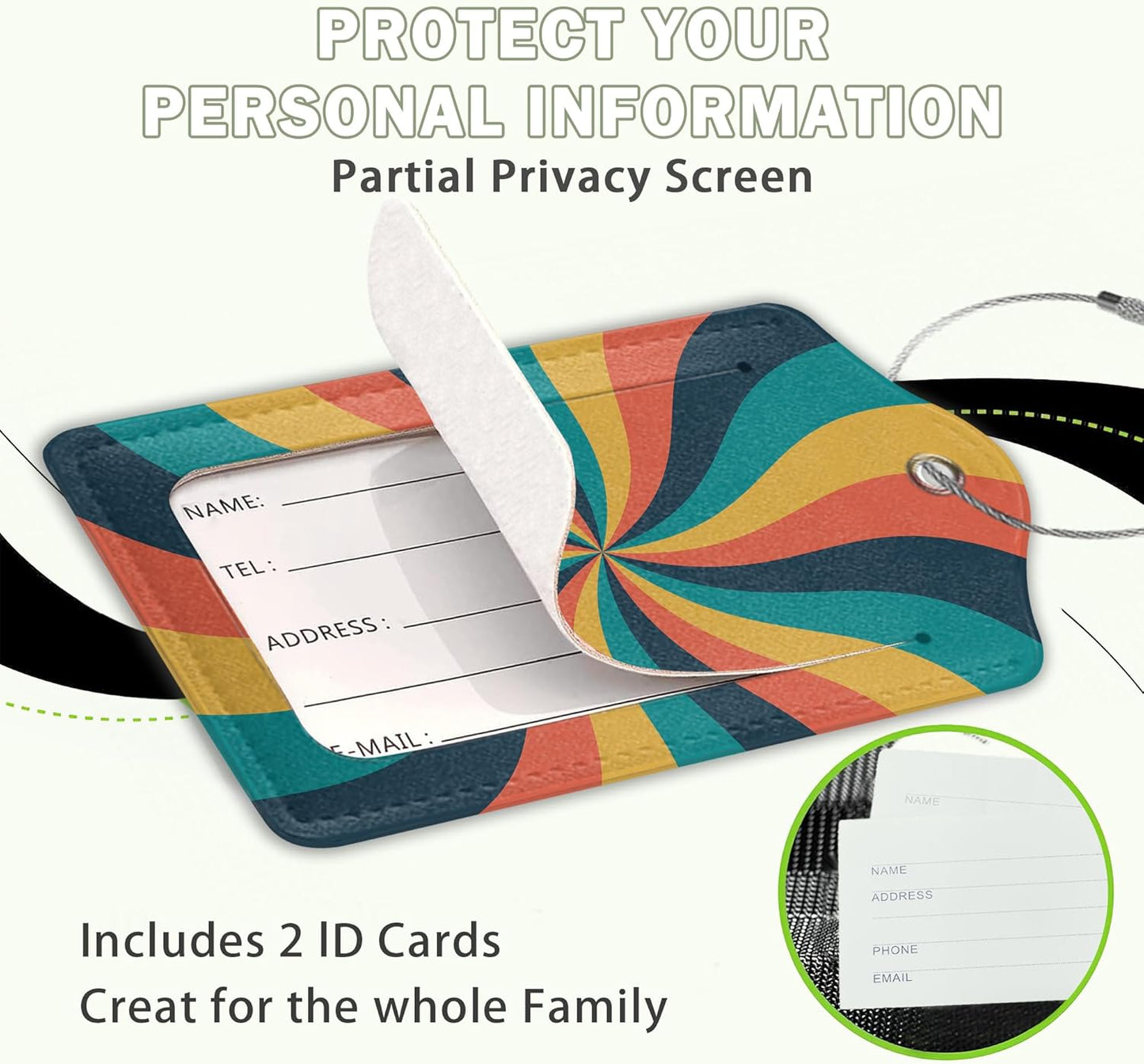 2 Pcs 70s Retro Wavy Luggage Tags,Cruise Vintage Twisted Ray Luggage Tag with Privacy Flap,Name Id Label and Steel Loop for Women Men Travel Bag Suitcase