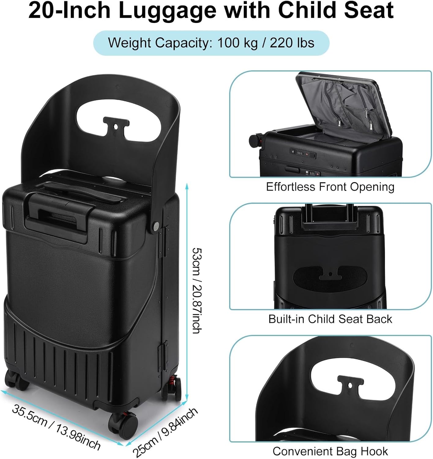 20 Inch Ride on Luggage with Seat for Kids Top Opening Aluminum Frame Suitcase with Spinner Wheels Locks for Travel(Black)