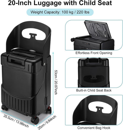 20 Inch Ride on Luggage with Seat for Kids Top Opening Aluminum Frame Suitcase with Spinner Wheels Locks for Travel(Black)