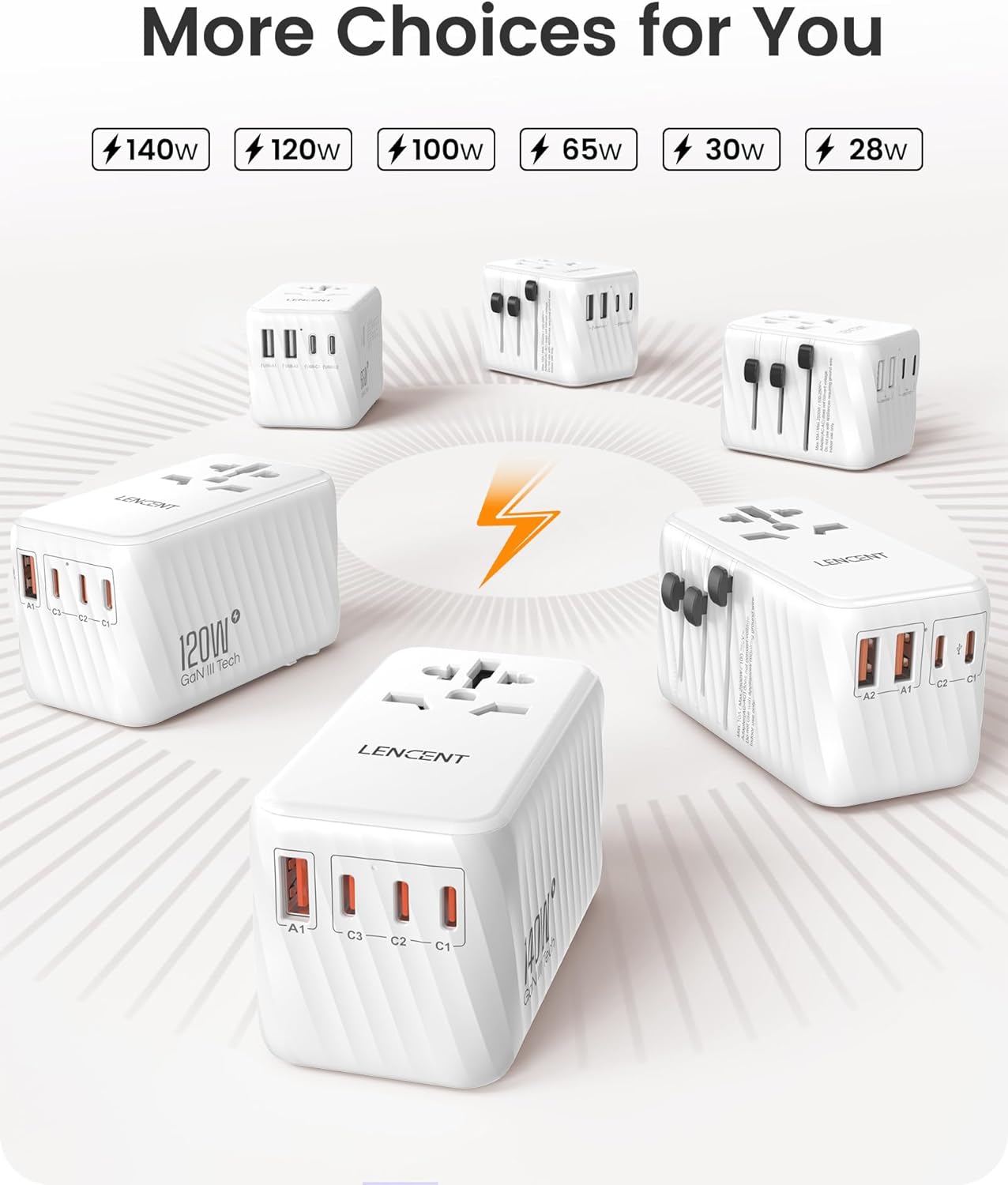 LENCENT Universal Travel Power Adapter, International AC Plug Adaptor with 3 USB A Ports 1 Type C PD Wall Charger Worldwide Travel Essentials for US to EU UK Ireland Australia (Type C/G/A/I) White