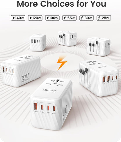LENCENT Universal Travel Power Adapter, International AC Plug Adaptor with 3 USB A Ports 1 Type C PD Wall Charger Worldwide Travel Essentials for US to EU UK Ireland Australia (Type C/G/A/I) White