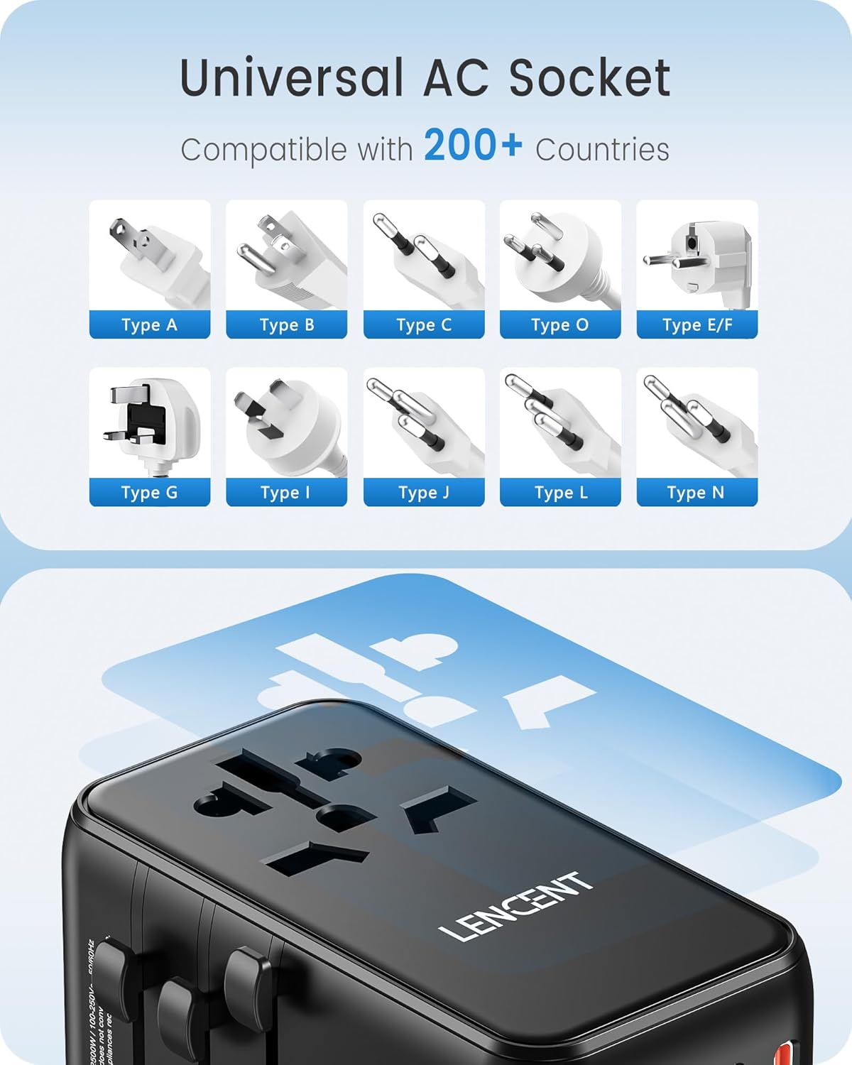 LENCENT Universal Travel Adapter, 100W GaN3 International Adaptor with 2 QC4.0 USB-A+2 PD3.0 Type-C PPS Fast Charging, Worldwide Wall Charger for iPhone,Samsung,Laptop, Plug Adapter USA/UK/EU/AU Black