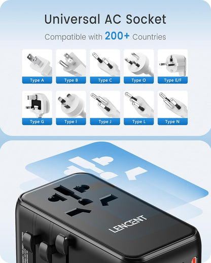 LENCENT Universal Travel Adapter, 100W GaN3 International Adaptor with 2 QC4.0 USB-A+2 PD3.0 Type-C PPS Fast Charging, Worldwide Wall Charger for iPhone,Samsung,Laptop, Plug Adapter USA/UK/EU/AU Black