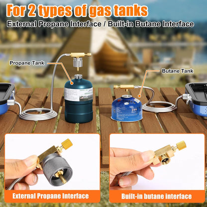 Portable 2 Burner Camping Stove Set with Cookware, Outdoor Cooking Kit Includes Outdoor Folding Gas Stove, Frying Pan, Griddle, Kettle, Pot, and Carry Bag, For Propane & Butane, 20,000 BTU/h