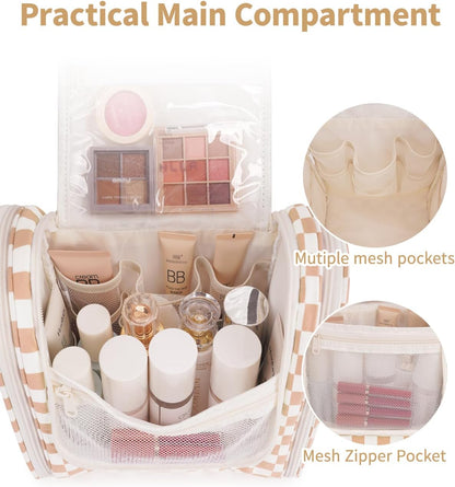 Narwey Checked Hanging Travel Toiletry Bag for Women, Travel Bag for Toiletries, Makeup Bag Organizer Cosmetic Bags Make Up Bags for Women (Light Checkerboard)