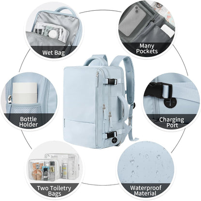 Hanples Large Travel Backpack for Women, 40L Carry on Luggage Backpack, 17 Inch Laptop Backpack with USB Charging Port, Waterproof Casual Bag Gift for Men with 2 Toiletry Bags (Light Blue)