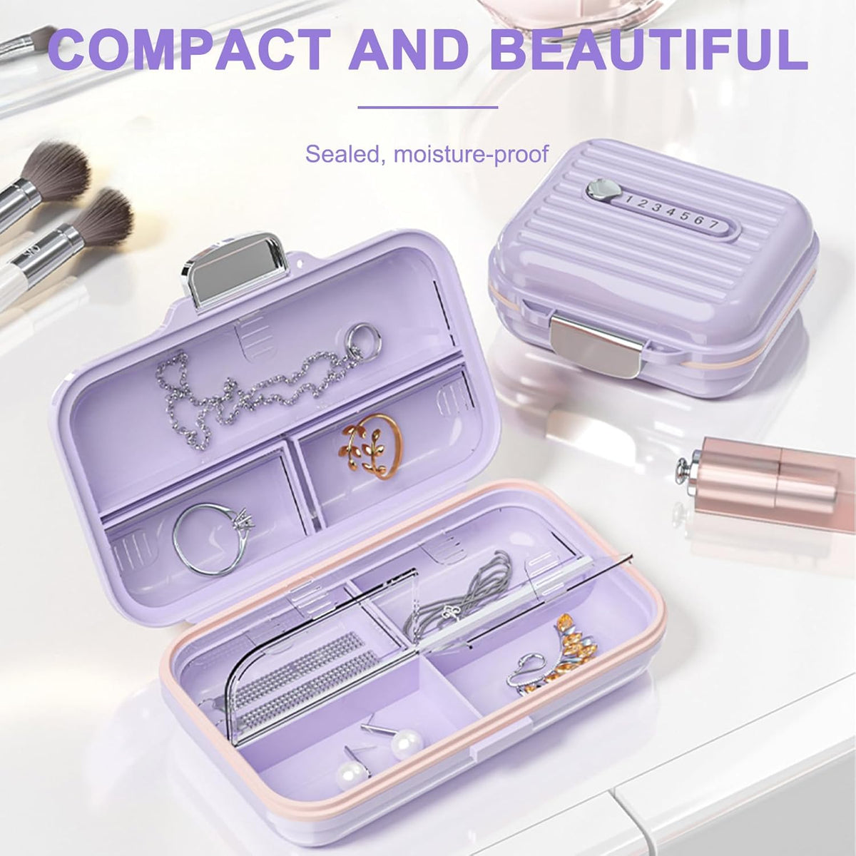 Travel Pill Organizer Box with Labels, 7 Compartments Portable Mini Pill Case, Daily Medication Organizer Storage Pill Container for Pocket Pharmacy(Purple, S)