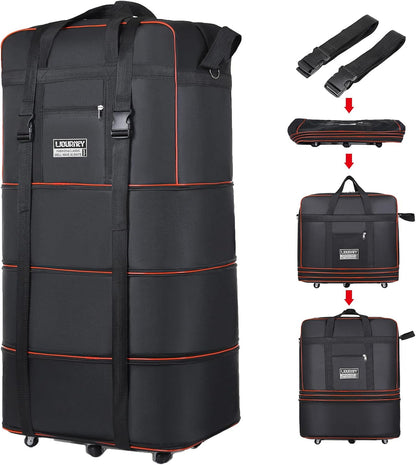 Expandable Large Capacity Travel Bag Oxford Cloth Duffel Bag with Wheels Lightweight Waterproof Travel Foldable Suitcase(Black)