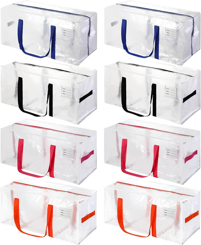 8 Pack Heavy Duty Extra Large Moving Bags with Multicolor Handles, Waterproof Foldable Storage Totes, Clothing Storage Bags, Packing Moving Boxes for College Supplies & Seasonal Storage, Clear
