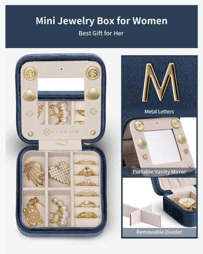 Vlando Mother in Law Mothers Day Gift, Initial M Travel Jewelry Case, Small Jewelry Travel Case, Mini Jewelry Case, Birthday Gifts for Women Mom Grandma - Letter M, Dark Blue