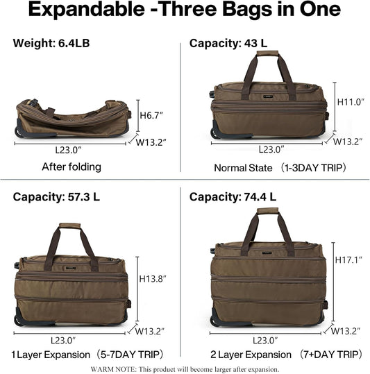 Hanke Expandable Carry On Luggage Suitcases with Wheels Foldable Duffle Bag for Travel Carry On suitcase Weekend Bag for Women Men（Coffee）