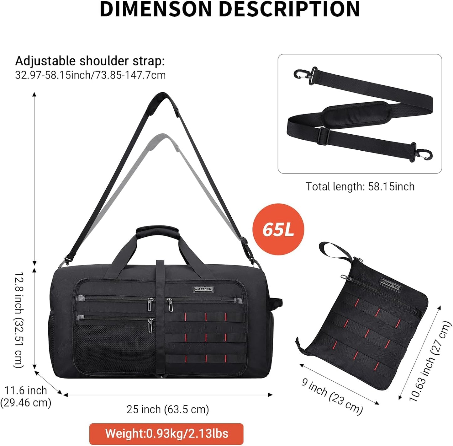 WITZMAN Foldable Duffle Bag for Travel 65L Lightweight Packable Duffel Bag with Shoes Compartment Overnight Bag for Men Women (B697 Black)