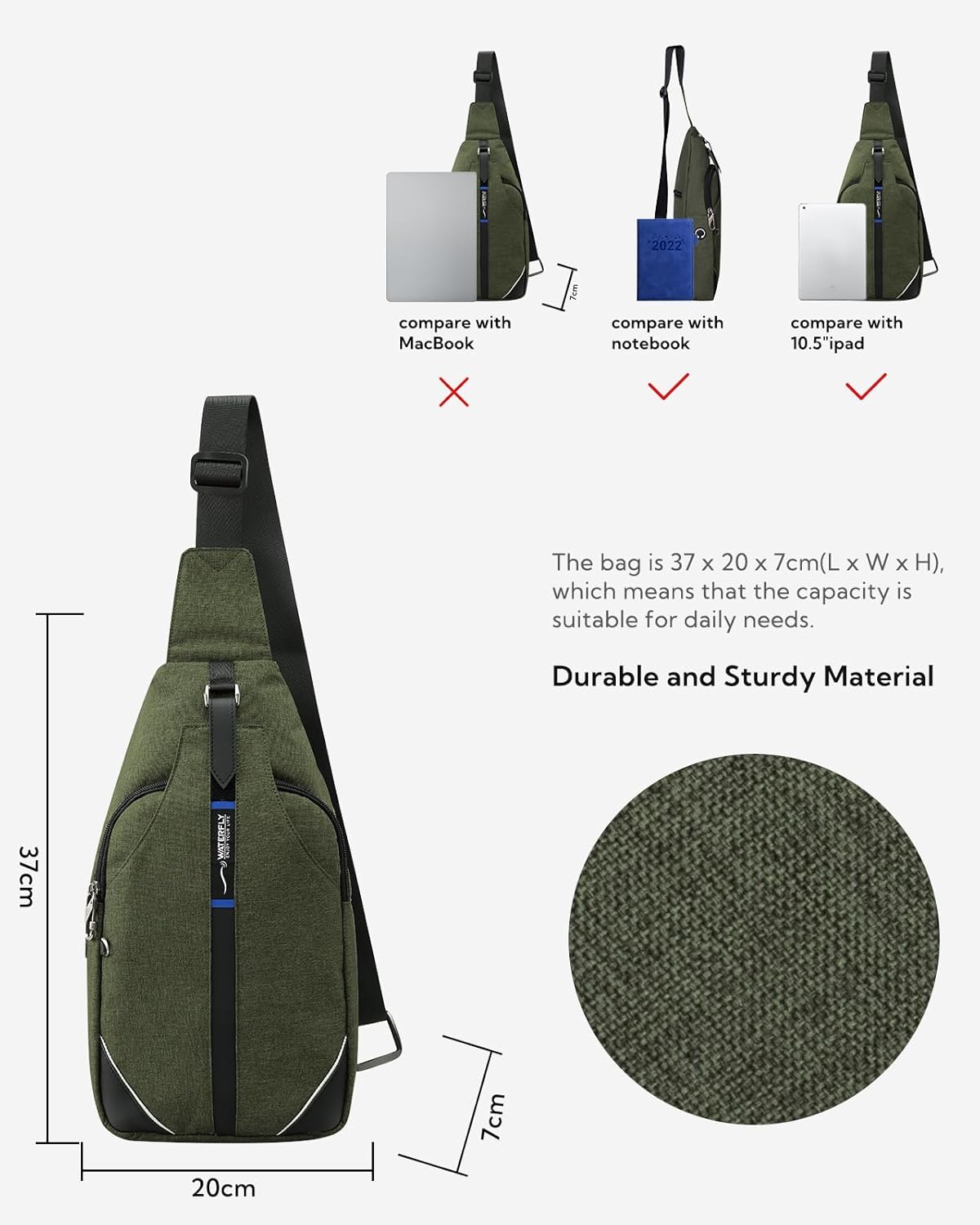 WATERFLY Small Crossbody Sling Backpack Anti Theft Backpack for Traveling Chest Shoulder Bag