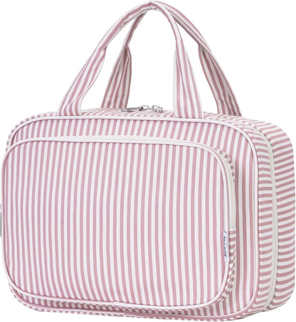 Narwey Striped Travel Toiletry Bag for Women Large Hanging Makeup Bag Organizer Toiletries Bag for Full Size Essentials Accessories Cosmetics (Dusty Pink Stripe (Large))