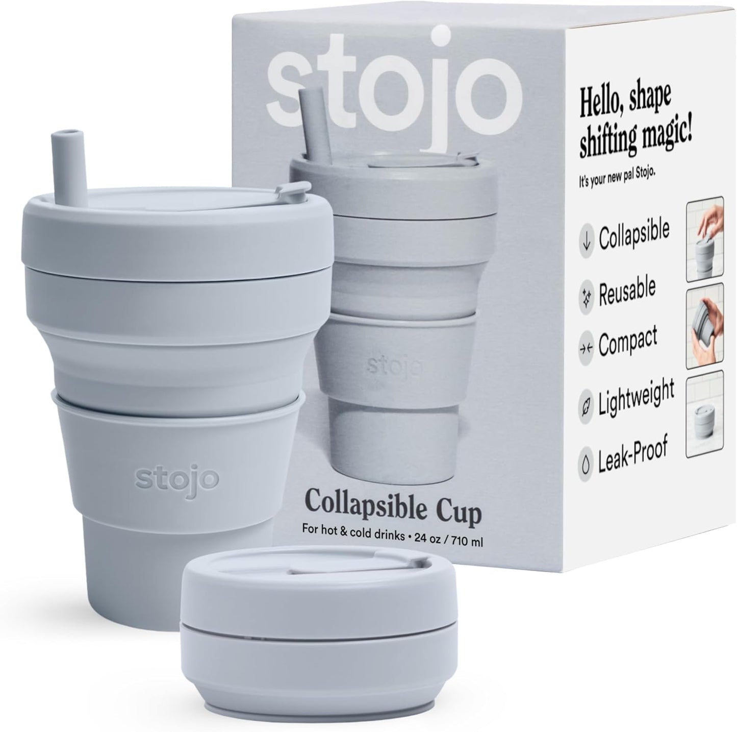 STOJO Titan Collapsible Travel Cup With Straw - Cashmere Gray, 24oz / 710ml - Reusable To-Go Pocket Size Silicone Cup for Hot & Cold Drinks - Camping and Hiking - Microwave & Dishwasher Safe