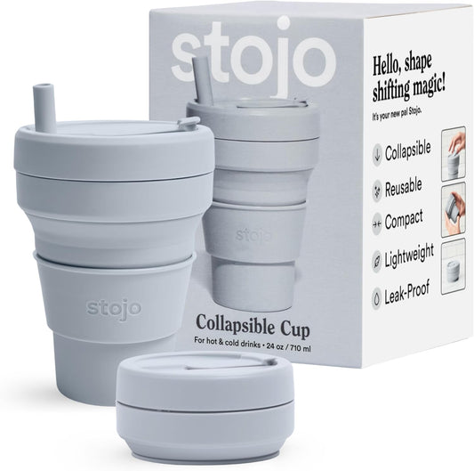 STOJO Titan Collapsible Travel Cup With Straw - Cashmere Gray, 24oz / 710ml - Reusable To-Go Pocket Size Silicone Cup for Hot & Cold Drinks - Camping and Hiking - Microwave & Dishwasher Safe