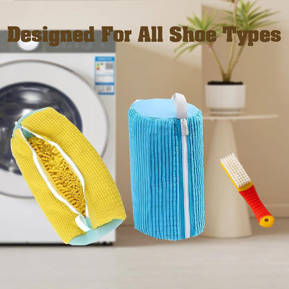 Shoe Washing Machine Bag 2PCS，Laundry Shoe Bag For Washer And Dryer，Reusable Shoe Cleaning Bag for All Shoe Types And Sizes，360°Wrap-around Shoe Washing Bag with One Shoe Brush(Yellow & Blue)