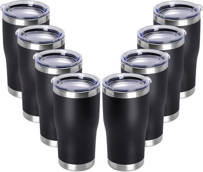 DOMICARE 20oz Tumbler with Lid Stainless Steel Tumblers Bulk, Double Wall Vacuum Insulated Coffee Travel Mug Powder Coated Tumbler, 8 Pack Black