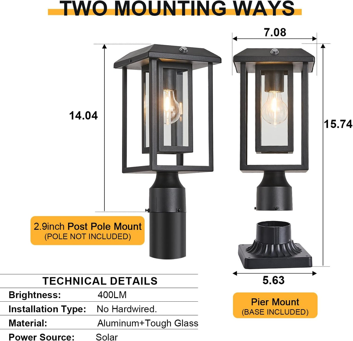 Solar Lamp Post Lights for Outdoor with Pier Mount Base, Dusk to Dawn Pole Light Head with Waterproof, Exterior Solar Powered Pillar Lights Fixture for Yard, Garden, Pathway, Black