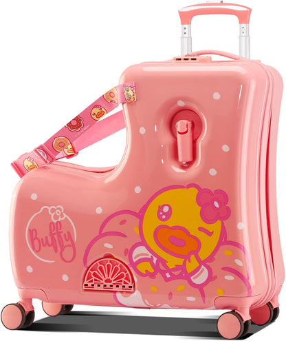 Kids' Lightweight Ride on Luggage with Spinner Wheels & Foldabe Design (Pink Donut, 20"+ Aged 1-3 Toddler)