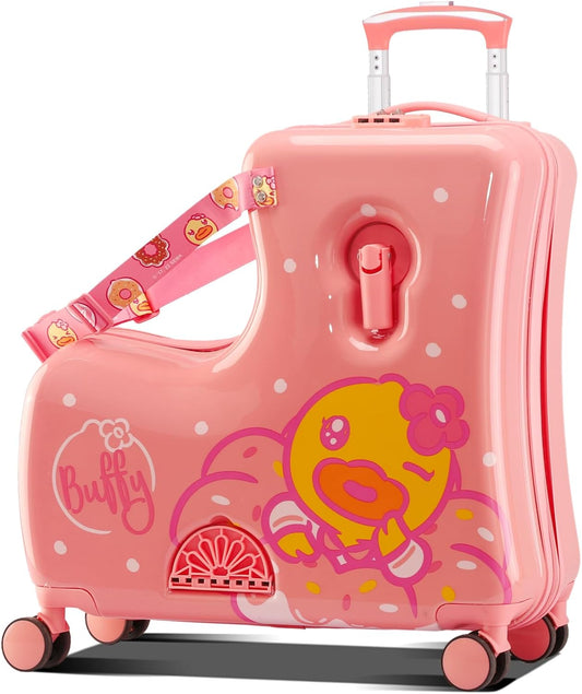 Kids' Lightweight Ride on Luggage with Spinner Wheels & Foldabe Design (Pink Donut, 20"+ Aged 1-3 Toddler)