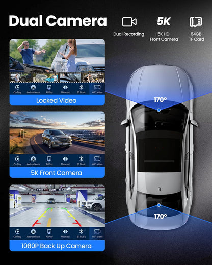 Wireless Carplay Screen for Car with 5K Dash Cam, 9" Portable Apple CarPlay & Android Auto Car Stereo with 1080p Backup Camera, Bluetooth/GPS Navigation/Voice Control/Mirror Link