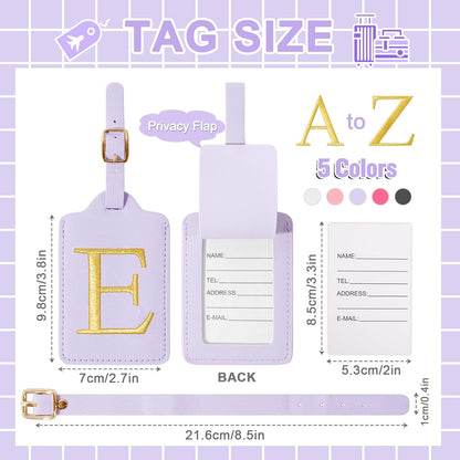 Personalized Initial Luggage Tags for Suitcase, Purple Leather Cute Luggage Tags with Privacy Cover Name Card, Embroidered Custom Monogrammed Luggage Tag Travel Backpack Tags Gifts for Women Kids(E)