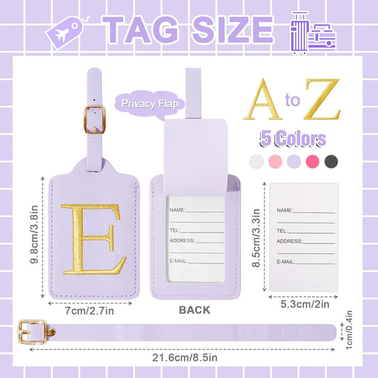 Personalized Initial Luggage Tags for Suitcase, Purple Leather Cute Luggage Tags with Privacy Cover Name Card, Embroidered Custom Monogrammed Luggage Tag Travel Backpack Tags Gifts for Women Kids(E)