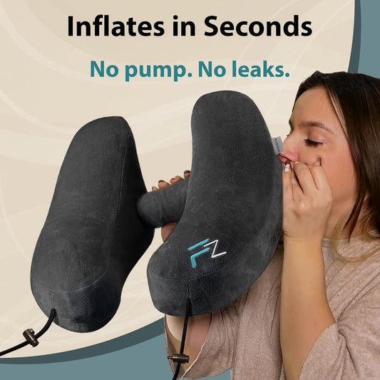 Air Inflatable Neck Pillow for Traveling on Plane - H-Shape Hooded Airplane Pillow with 5 Snooze Modes, Fast Inflation, Pressure Control, Cozy Clip-On Hood & Plushy Cover - Size L, Jet Black