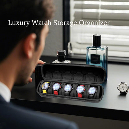 Juntan 5 Slots Hard Watch Travel Case, Portable PU Leather Zipper Storage Organizer Box for Men Women with Soft Compressible Foam Pillow Black