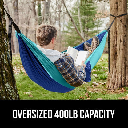 GORILLA GRIP Durable Portable Camping Hammock, Holds 400lbs with Heavy Duty Tree Straps, Comfortable Travel Swing, Camp Hammocks, Easy to Use and Install, Outdoor Essentials, Blue, 9x4.5 FT