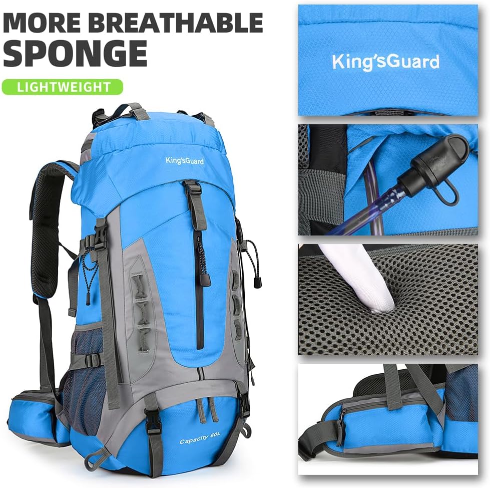King'sGuard 60L Hiking Backpack Lightweight Camping Backpack with Rain Cover Large Waterproof Packable Outdoor Trekking Travel Backpack for Men Women (Blue)