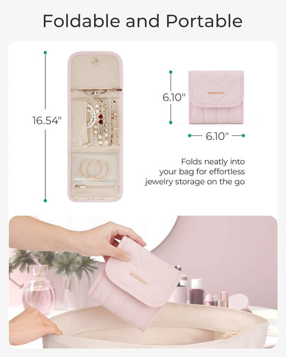 BAGSMART Travel Jewelry Organizer Case, Foldable Jewelry Roll for Necklaces, Earrings, Journey-Rings, Bracelets, Brooches, Portable, Pink