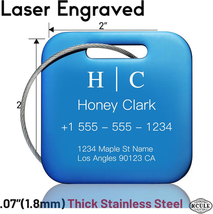 Stainless Luggage Tags for Suitcases 4 Pack: Metal Personalized Luggage Tags for Backpacks & Bags with Customizable Texts (Blue)