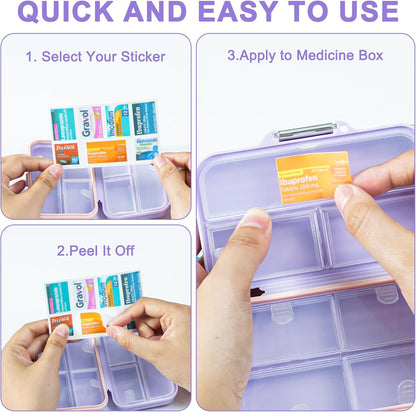 Travel Pill Organizer Box with Medicine Labels, 7 Compartments Portable Pill Case, Daily Medication Organizer Storage Pill Container for Pocket Pharmacy(Purple, L)
