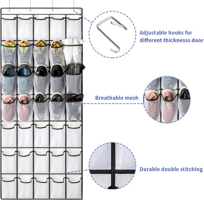 35 Pockets Over the Door Shoe Organizer, Hanging Shoe Organizer for Door with 35 Mesh Pockets Large Capacity Shoe Hanging Storage Bag with 4 Metal Hooks (White-1Pack)