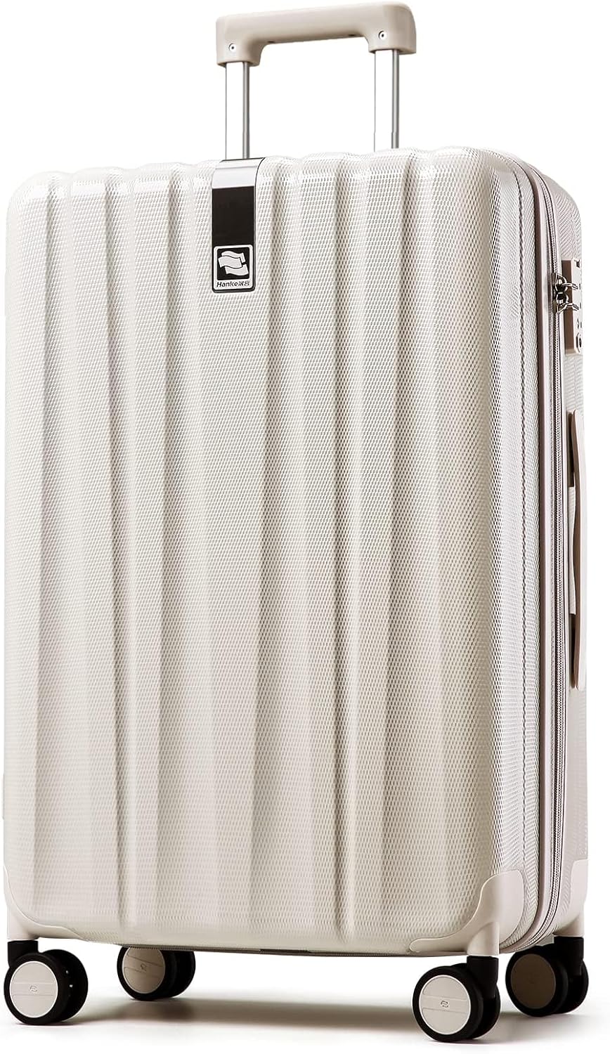 Hanke 29 Inch Luggage Suitcases With Spinner Wheels Lightweight PC hardside Rolling Suitcase With Travel Lock, Checked-Large 29-Inch Christmas Gifts for Birthday(Ivory White)