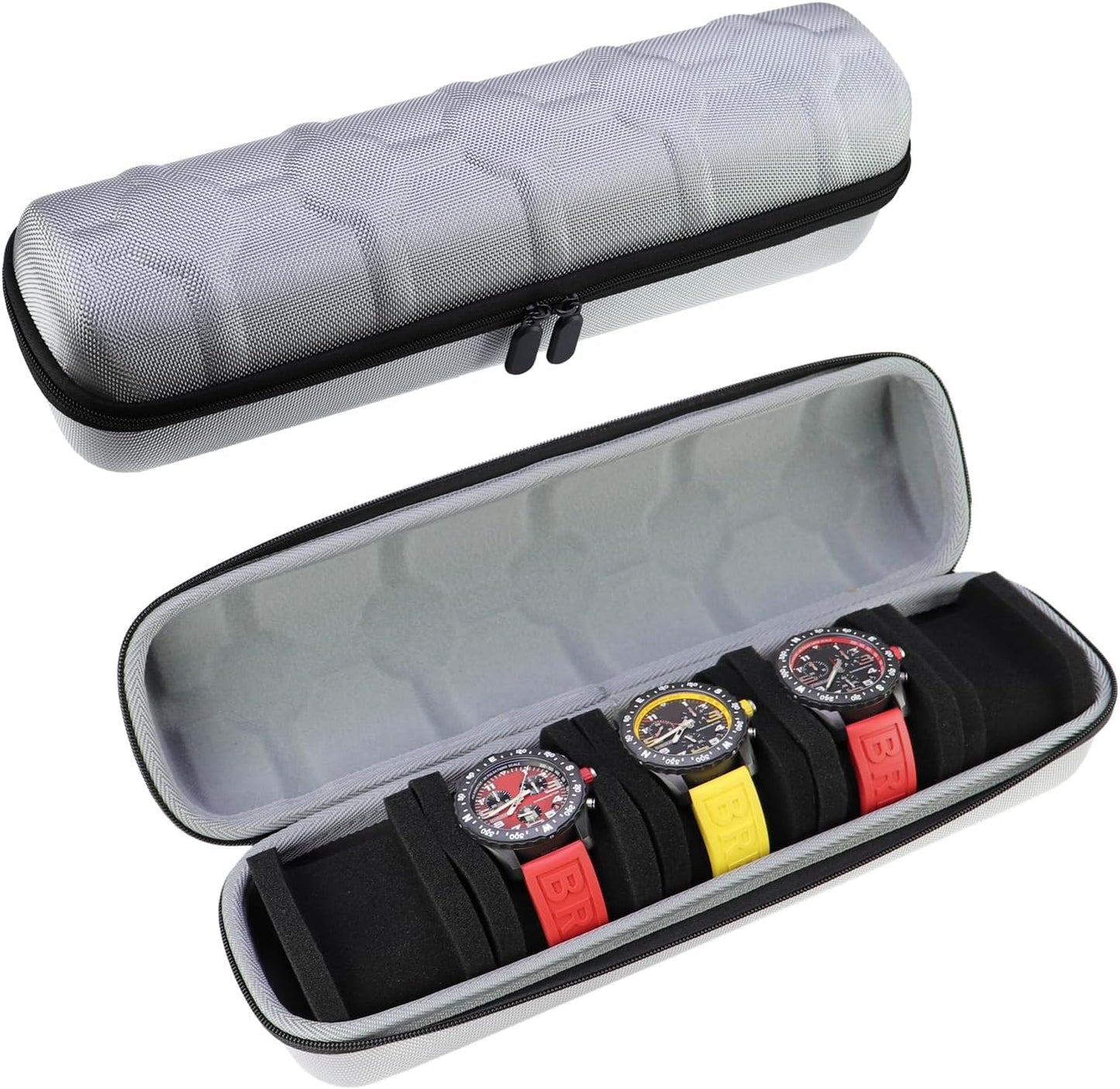 Juntan 5 Slots Hard Watch Travel Case, Portable Nylon Travel Watch Roll Case, Zipper Storage Organizer Box for Men Women with Soft Compressible Foam Pillow Silver