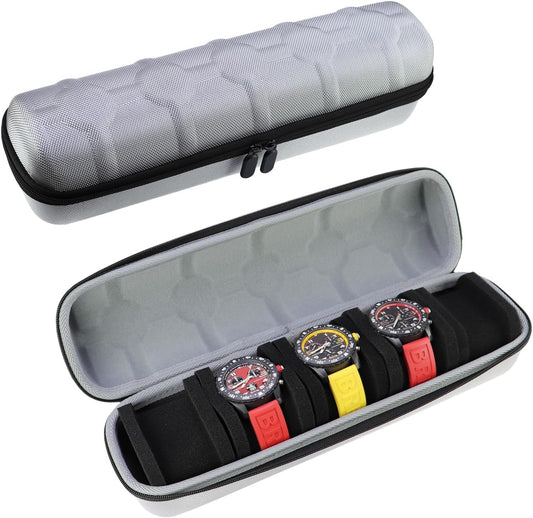 Juntan 5 Slots Hard Watch Travel Case, Portable Nylon Travel Watch Roll Case, Zipper Storage Organizer Box for Men Women with Soft Compressible Foam Pillow Silver