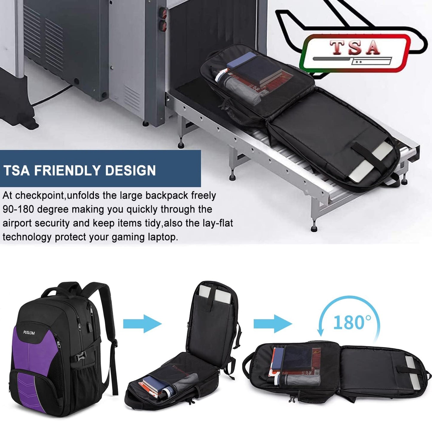 PUSLOM Extra Large Travel Laptop Backpack for Men 55L,Water Resistant 18.4 inch Big Business Laptop bags with USB Charging Port,TSA Friendly Anti Theft Computer Bag for Work College,Purple