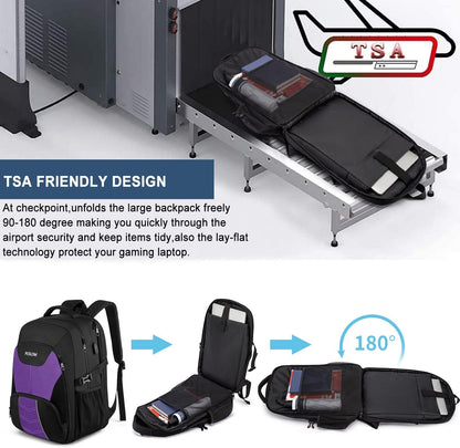 PUSLOM Extra Large Travel Laptop Backpack for Men 55L,Water Resistant 18.4 inch Big Business Laptop bags with USB Charging Port,TSA Friendly Anti Theft Computer Bag for Work College,Purple