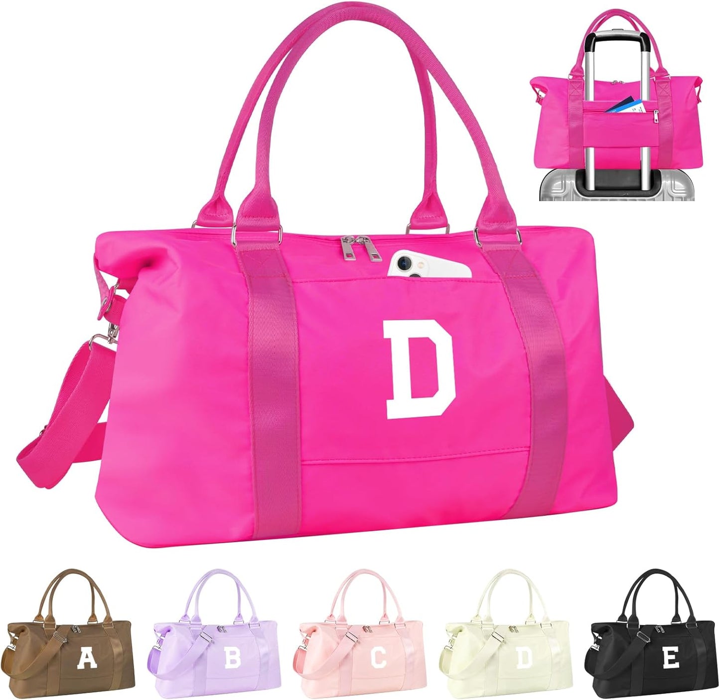 Overnight Bag for Kids Teen Girls Weekender Dance Bag Birthday Graduation Gifts,Initial Travel Duffel Bag Sports Gym Bag Personalized Weekender Bag Carry On Bags Preppy Gifts for Women(Hot Pink, D)