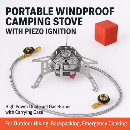 Windproof Camping Stove, Portable Camping Stove with Piezo Ignition, Collapsible Design with Carrying Casefor Outdoor Hiking, Backpacking, Picnic & Emergency Cooking (6800W)