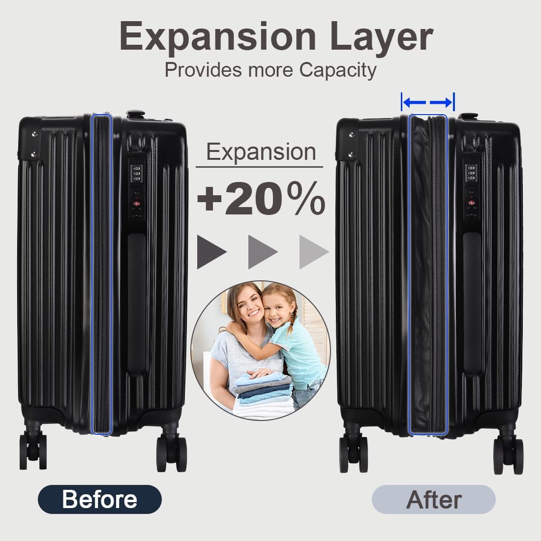 3-Piece Expandable Luggage Set Suitcase in Classic Black -Double Wheel Stability & Secure TSA Locks(20in24in28in)