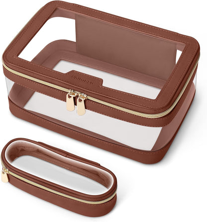 Travel Clear Makeup Bag with Makeup Brush Bag, Leather Makeup Case Toiletry Bag, Portable Cosmetic Bag Case, Transparent Waterproof Cosmetic Organizer Storage Bag for Women, Brown