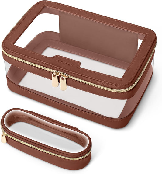 Travel Clear Makeup Bag with Makeup Brush Bag, Leather Makeup Case Toiletry Bag, Portable Cosmetic Bag Case, Transparent Waterproof Cosmetic Organizer Storage Bag for Women, Brown